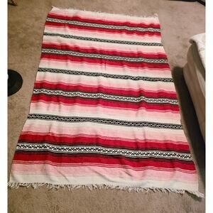 Vintage Mexican Falsa Blanket Red White Black 78" x 49" Fringed